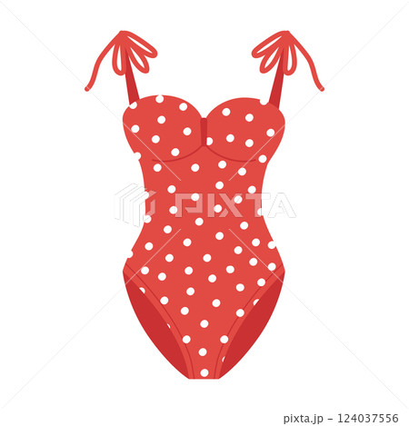One-piece women's swimsuit in red polka dots with cups and straps with ties. Fashionable illustration of clothes for sea holidays and sunbathing in hot summer. 124037556