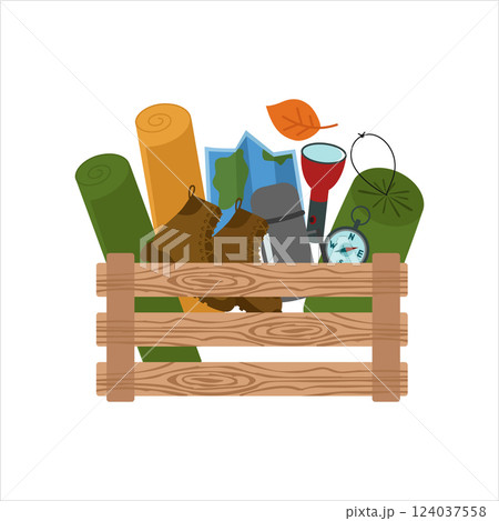 A box with camping supplies. Mats, boots, tent, map, flashlight, compass, thermos. Vector illustration isolated. A box with camping supplies. Mats, boots, tent, map, flashlight, compass, thermos. Vector illustration isolated. 124037558