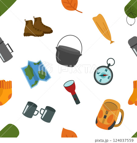 Seamless pattern, camping hiking. Tent, sleeping bag, thermos, flashlight, backpack, bowler hat, shoes, mugs. Vector illustration, for printing on paper or fabric 124037559