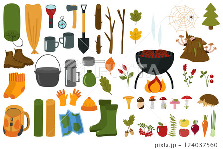 Camping and set of elements for a hike. Tent, sleeping bag, thermos, flashlight,  backpack, bowler hat, shoes, mugs, shovel, map, mushrooms and berries. Vector illustration