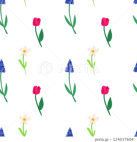 Seamless pattern of spring colorful flowers of tulip, muscari, daffodils. Festive rustic vector background for printing on paper, fabric, packaging. Seamless pattern of spring colorful flowers of tulip, muscari, daffodils. Festive rustic vector background for printing on paper, fabric, packaging. 124037604