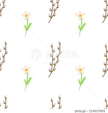 Seamless Easter pattern made of willow twigs with daffodils flowers. Festive vector background for printing on paper, fabric, packaging Seamless Easter pattern made of willow twigs with daffodils flowers. Festive vector background for printing on paper, fabric, packaging 124037605