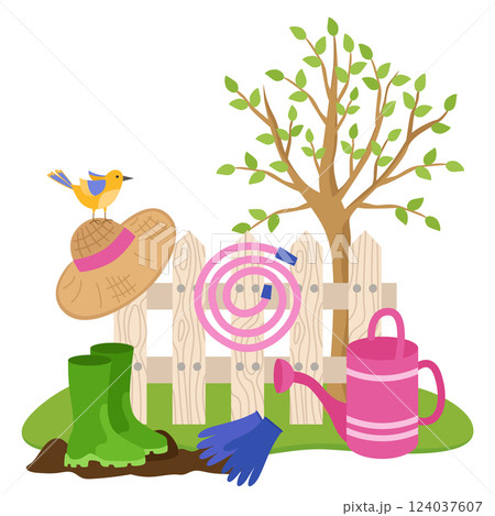 Spring gardening illustration. Tools on the background of a white fence and a flowering tree. Straw hat, watering can, rubber boots, hose. Vector items for agriculture. Spring gardening illustration. Tools on the background of a white fence and a flowering tree. Straw hat, watering can, rubber boots, hose. Vector items for agriculture. 124037607