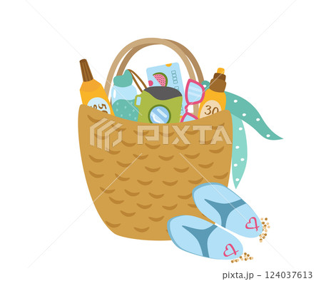 Beach wicker bag with things for relaxation. Sunscreen, water bottle, camera, glasses, credit card, slates, handkerchief. Vector illustration for a sunny summer. 124037613