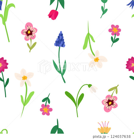 Seamless pattern with spring bright colorful flowers of tulip, narcissus, muscari, pansies, bell, peony. Vector background for printing on paper, fabric, packaging. Seamless pattern with spring bright colorful flowers of tulip, narcissus, muscari, pansies, bell, peony. Vector background for printing on paper, fabric, packaging. 124037638