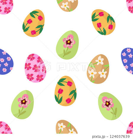 Seamless pattern with Easter spring bright eggs of different colors. Vector festive background for printing on paper, fabric, packaging. 124037639