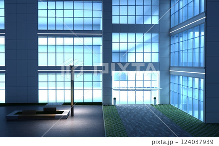 3d render exterior mall at night, exterior visualization, 3D illustration 124037939