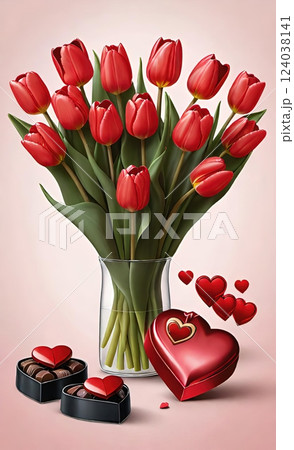 Elegant Heart Chocolates and Tulips for Celebration 124038141