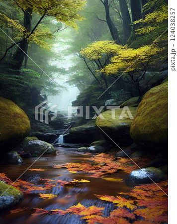 Autumn's Whispering Woods. Mystic Forest at Dusk 124038257