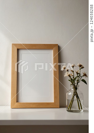 table with flowers in vase and wooden photo frame on wall background 124038288