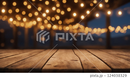 wooden table over blurred lights of festive garland at night wooden table over blurred lights of festive garland at night 124038329