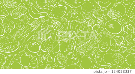 Vegan Food Vector Seamless Pattern with Vegetables and Fruits 124038337