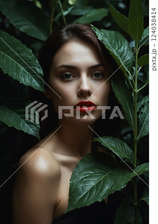 beautiful girl behind palm leaves in the tropics. young woman with Make-up in jungle 124038414