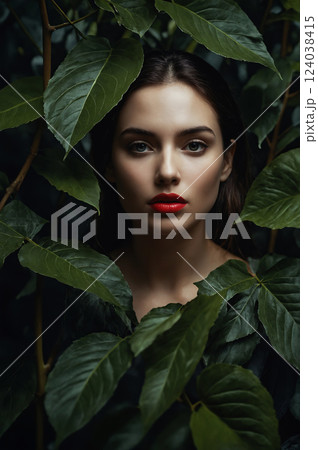 beautiful girl behind palm leaves in the tropics. young woman with Make-up in jungle 124038415