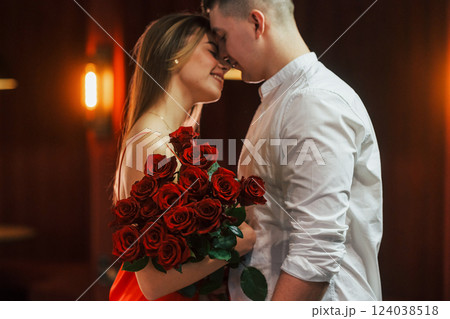 Closeness of the people. Romantic couple have dinner in the restaurant Closeness of the people. Romantic couple have dinner in the restaurant 124038518