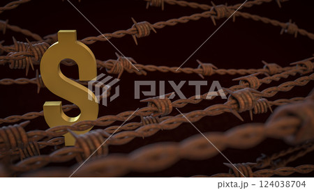 The Rusty barbed wire and gold dollar  for Business concept 3d Rendering. 124038704