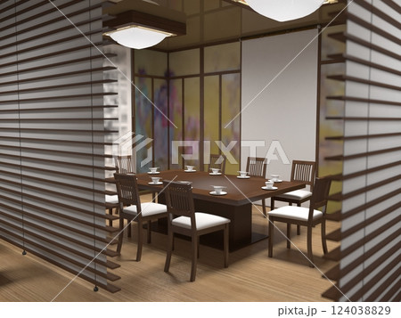 chinese restaurant, sushi bar, interior visualization, 3D illustration chinese restaurant, sushi bar, interior visualization, 3D illustration 124038829