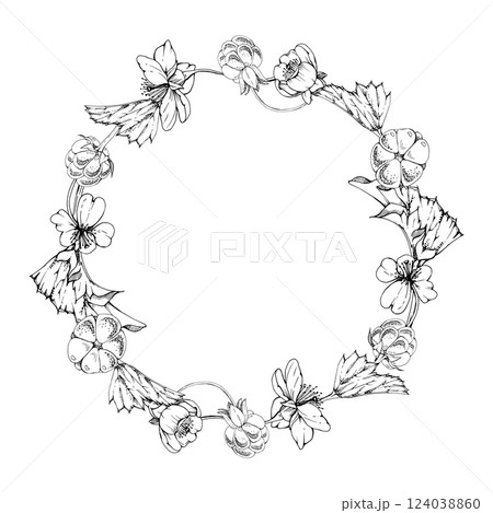 Cloudberry raspberry with white flowers, hand drawn vector ink, ripe Scandinavian forest berry on stems. Isolated botanical wreath crown frame illustration. Restaurant, cafe menu, farmers market Cloudberry raspberry with white flowers, hand drawn vector ink, ripe Scandinavian forest berry on stems. Isolated botanical wreath crown frame illustration. Restaurant, cafe menu, farmers market 124038860
