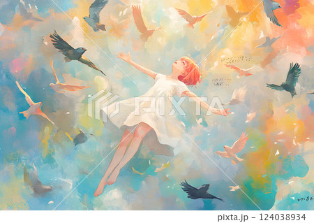 水中を舞う少女と魚たちの夢幻的なシーン 124038934