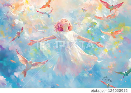 水中を舞う少女と魚たちの夢幻的なシーン 124038935