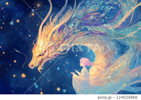 夜空を舞うドラゴンと少女の幻想的なアート 124038966