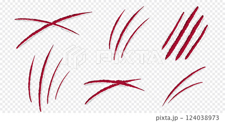 Claw marks scratches silhouette, cat or wild animal scrape track scratches paw shape isolated on white background. Nails trace texture with torn edge. 124038973