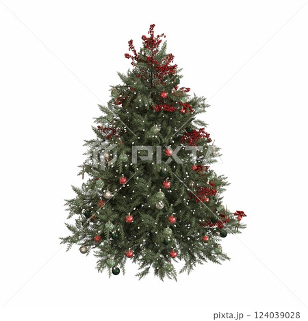 Christmas tree with decorations, isolated on white background, 3D illustration, cg render 124039028