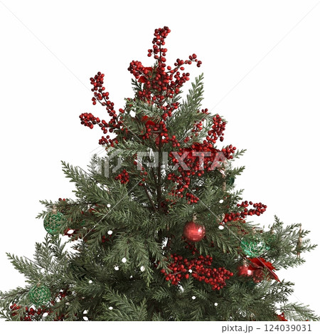 Christmas tree with decorations, isolated on white background, 3D illustration, cg render 124039031