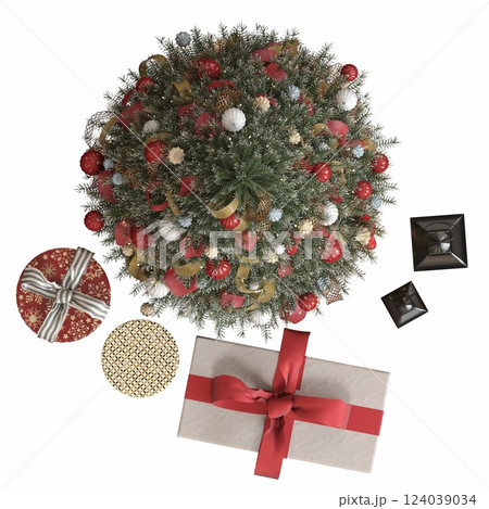 Christmas tree with decorations, isolated on white background, 3D illustration, cg render 124039034