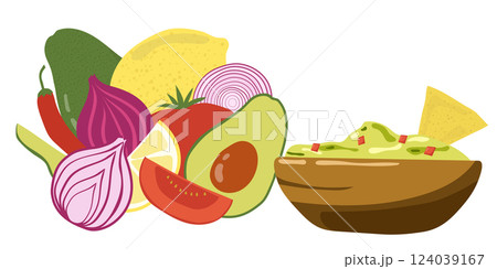 Guacamole sauce in the bowl and ingredients. Healthy organic food concept with vegetables. Hand drawn illustration Guacamole sauce in the bowl and ingredients. Healthy organic food concept with vegetables. Hand drawn illustration 124039167