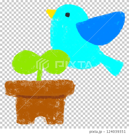 簡單的插圖，蠟筆觸感，小鳥和綠色 124039351