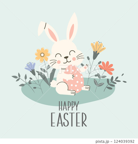 Happy Easter card with cute Easter bunny holding egg and flowers. Simple illustration. Cute spring greeting card. Happy Easter card with cute Easter bunny holding egg and flowers. Simple illustration. Cute spring greeting card. 124039392