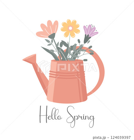 Hello spring postcard with flowers in a watering can. Simple floral illustration. Cute spring greeting card. 124039397