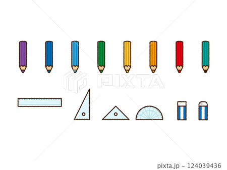 学校で使う文房具のイラストセット 学校で使う文房具のイラストセット 124039436