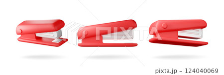 3D set of red plastic stapler isolated on white. 3D set of red plastic stapler isolated on white. 124040069
