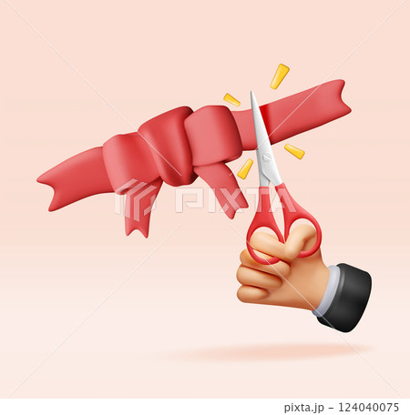 3D Hand with scissors cut red ribbon with bow 124040075
