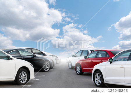 A lot of cars in a rows. Used car sales 124040248