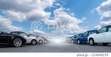 A lot of cars in a rows. Used car sales 124040254