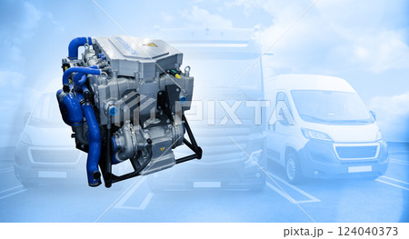 Hydrogen Fuel Cell engine on a gray background 124040373
