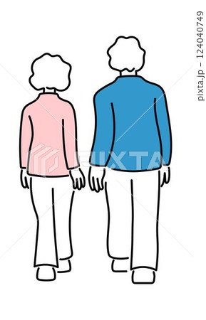 歩くシニア夫婦の後ろ姿の全身イラスト 歩くシニア夫婦の後ろ姿の全身イラスト 124040749