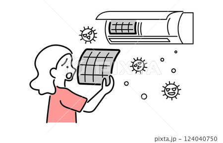 エアコンのほこりに悩む女性のイラスト エアコンのほこりに悩む女性のイラスト 124040750
