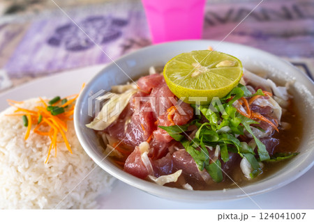 Polynesian raw fish dish served in Hiva Oa, French Polynesia 124041007