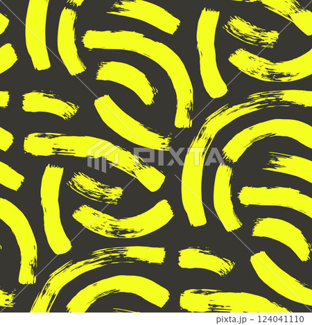 Brush paint curved lines seamless pattern. Bold neon stroke shapes endless background. Highlight repeat cover. Grunge arc continuous ornament. Vector hand drawn surface pattern design scribble motif 124041110