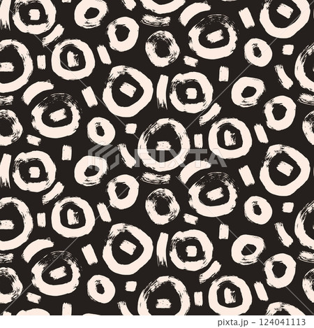 Circle brush stroke seamless pattern. Polka dots endless background. Paint monochrome tribal decor repeat cover. Abstract continuous ornament. Surface pattern design round motif. Vector hand drawn bg 124041113