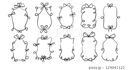 Doodle coquette frames with bows. Vintage scribble line wavy border with ribbons set. Vector cute curly rectangle and oval template for holiday menu. Minimalistic black cadre birthday hand drawn. 124041122