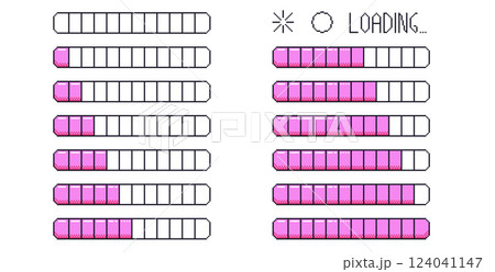 Pixel art loading bar interface. 8 bit game progress button elements set and text. Waiting signs in retro 80s style. Vector illustration isolated on white background 124041147
