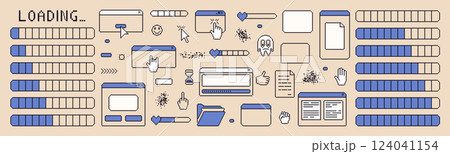 Pixel art loading elements. Windows interface vintage. 8 bit browser and menu elements with cursors and load bar. Pixel screens 90s style. Ui message frames figures. Vector set isolated illustration Pixel art loading elements. Windows interface vintage. 8 bit browser and menu elements with cursors and load bar. Pixel screens 90s style. Ui message frames figures. Vector set isolated illustration 124041154