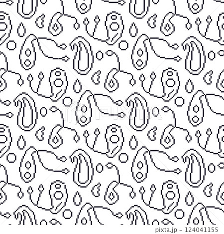 Pixel art paisley seamless pattern. Monochrome indian ornament 8 bit endless background. 90s line art repeat cover. Surface pattern design retro techno motif. Vector illustration Pixel art paisley seamless pattern. Monochrome indian ornament 8 bit endless background. 90s line art repeat cover. Surface pattern design retro techno motif. Vector illustration 124041155