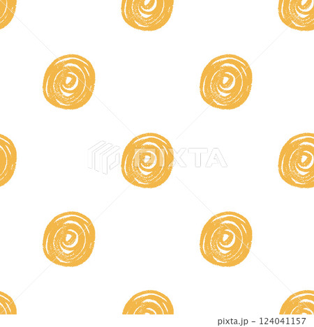 Polka dots seamless pattern crayon drawn. Circles endless background. Round points by pencil repeat cover. Scribble spots marker draw. Vector surface design simple motif. 124041157