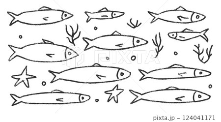 Fishes doodle set. Sardines hand drawn scribble School of fish in the sea. Vector monochrome nautical illustration by pencil aquarium on white background. Crayon or chalk naive underwater life Fishes doodle set. Sardines hand drawn scribble School of fish in the sea. Vector monochrome nautical illustration by pencil aquarium on white background. Crayon or chalk naive underwater life 124041171